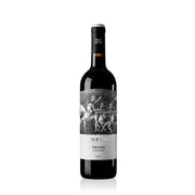 Organic TRITAN Aglianico wine bottle featuring classical Greek artwork depicting armed warriors in battle on the label, against a white background